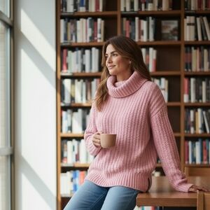 Anthropologie Maeve Pink Chunky Knit Cozy Cowl Neck Sweater Size S